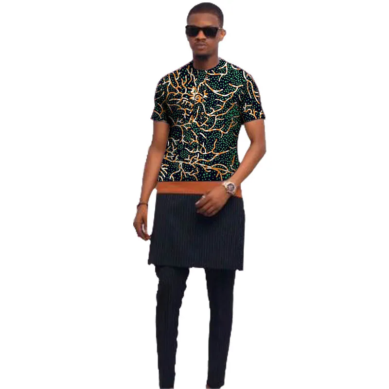 Festive Black Men's Sets Patchwork Design Shirts With Solid Pants Short Sleeves Groom Suits African Wedding Party Outfits white through stripe chest short sleeves men s sets modern design print wedding groom suits african fashion party wear