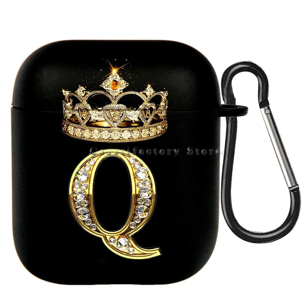 Elegant Diamond Crown Initial AirPods Case - Black Wireless Bluetooth Earphone Cover