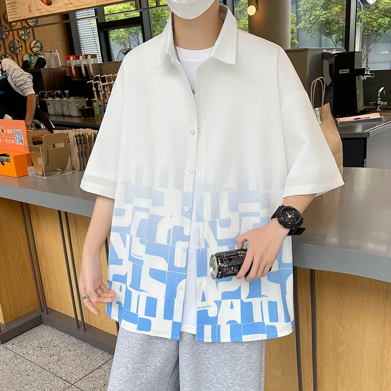 Oversized Loose Fitting American Style Fried Street Fashion Print New Personalized Mens Shorts Casual Shirts For Summer