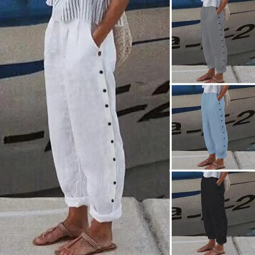 

Women Trouser Double Pocket Button Decoration Loose Fit Elastic Waist Solid Color Daily Ladies Casual Straight Pants Streetwear