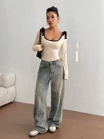 Body décontracté à manches longues pour femmes, bloc de couleurs, coupe cintrée, bretelles à nouer, décoration en tricot côtelé, printemps/automne 2026 5