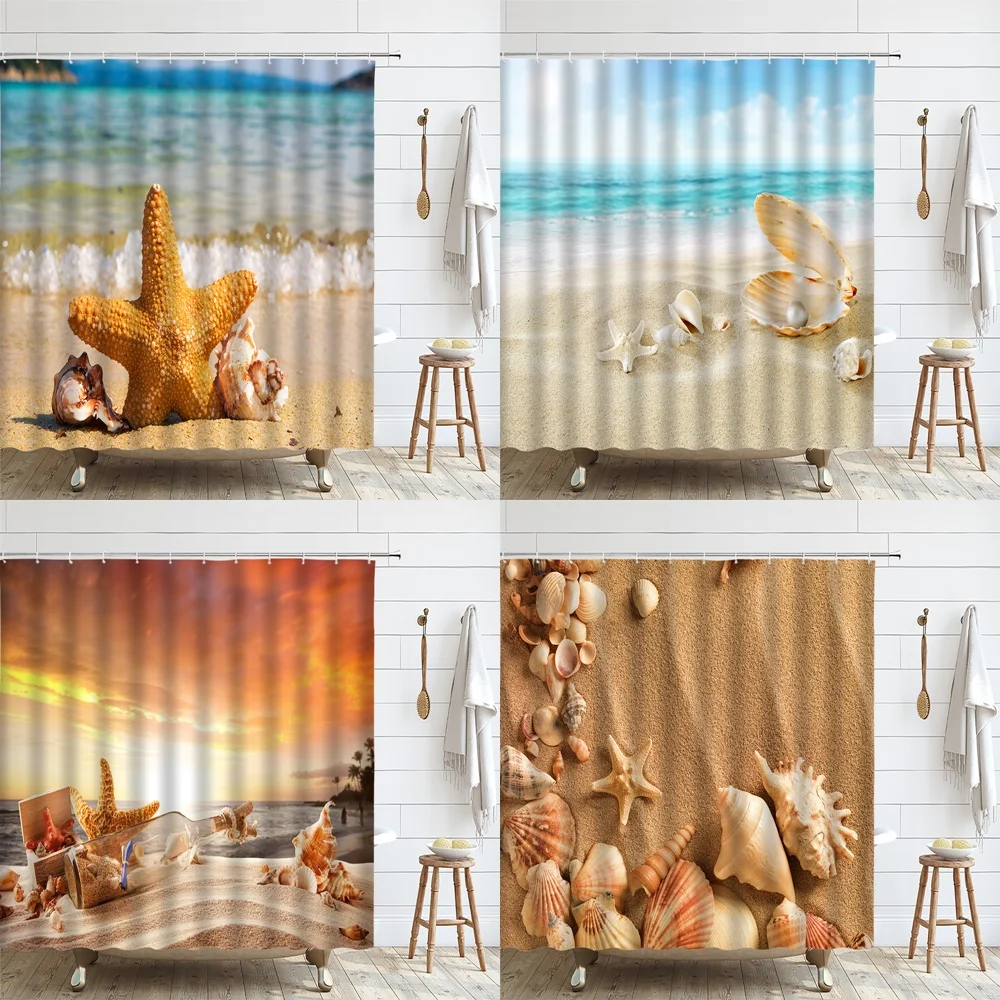 

Beach Shower Curtain Starfish Seashell Ocean Sea Bath Curtains Home Bathroom Bathtub Decor Waterproof Polyester Fabric with Hook