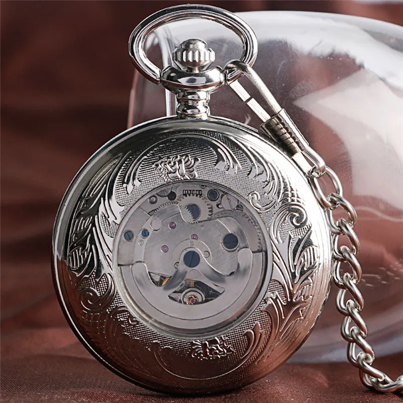 Silver Shield Full Hunter Case Men Women Skeleton Automatic Mechanical Pocket Watch Arabic Number Retro Clock Pendant Chain Gift