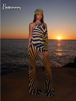 Women Animal Pattern 2 Piece Pant Set Chic Halter Neck Sleeveless Blouse High-waisted Flare Pants Suit Summer Lady Daily Outfits