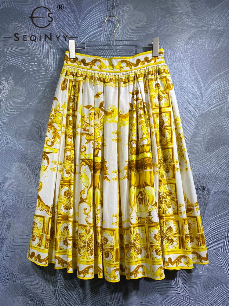 

SEQINYY 100% Cotton Skirt Knee Summer Spring New Fashion Design Women Runway High Quality Vintage Yellow Flower Print Casual