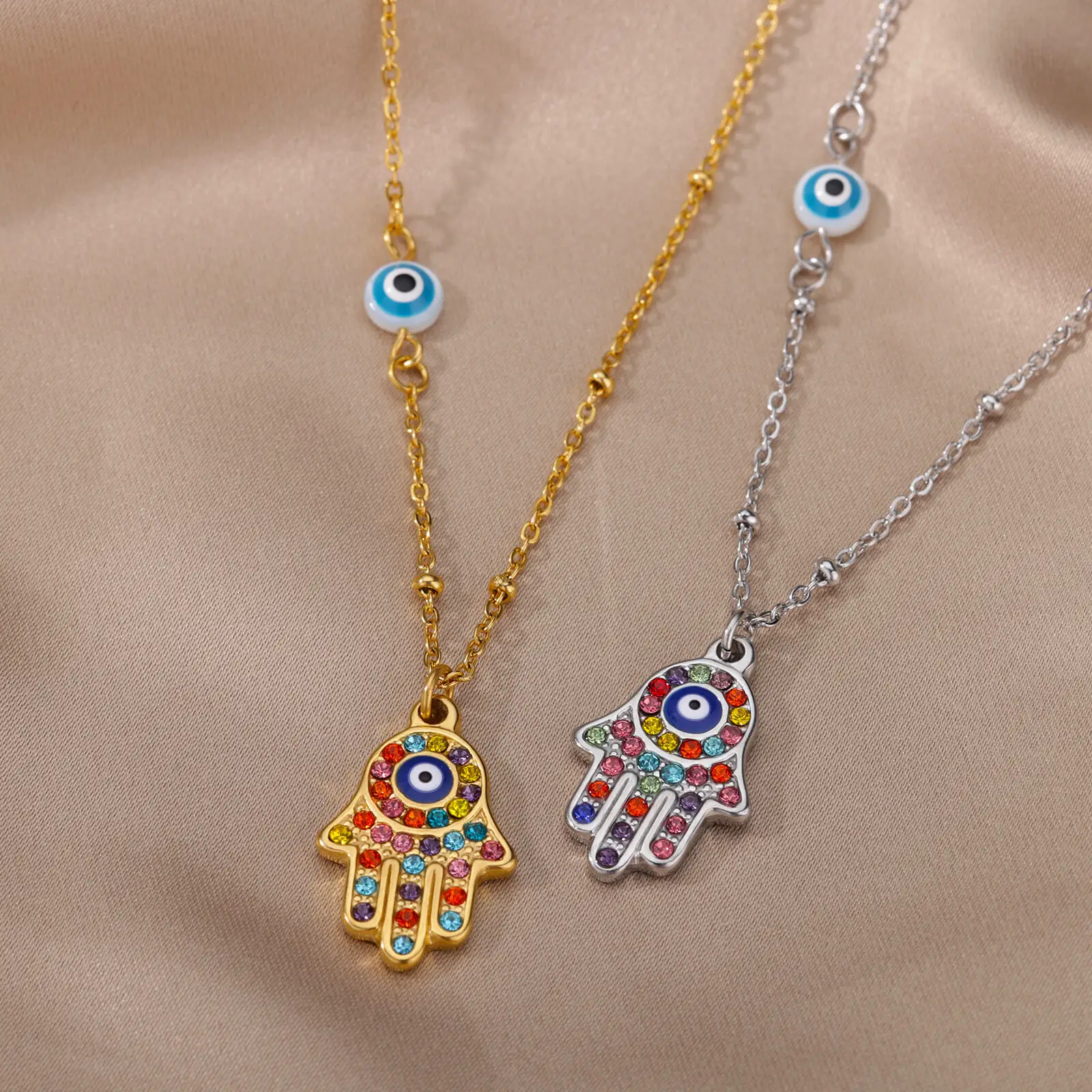 Turkish Hamsa Evil Eye Necklaces Stainless Steel Gold Color Charm Choker