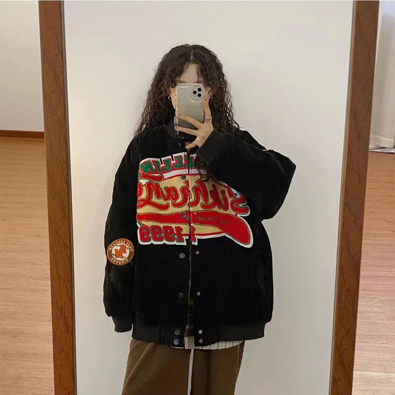 

embroidered baseball jacket American style national trend 2023 autumn and winter couple new loose cotton coatcoat for womennew i