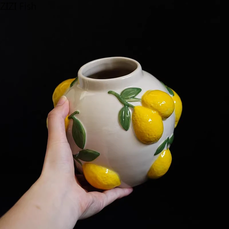 Creative Lemon Relief Ceramic Vase Flower Pots Table Decoration Ornaments Flower Arrangement Floral Vases Room Aesthetic Decor 5