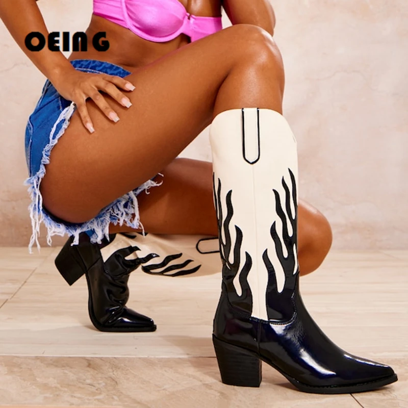 

Women Flame Western Cowboy Boots Black And White Patent Leather Knee High Boots Sexy Pointy Toe Wedge Heels Slip-On Knight Boots