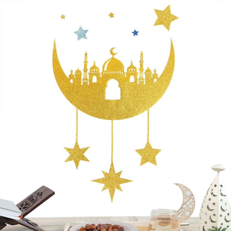 Eid Mubarak Window Stickers Ramadan Kareem Decoration Cartoon Moon Castle Stars Wall Decal Islam Muslim Festival Party Supplies