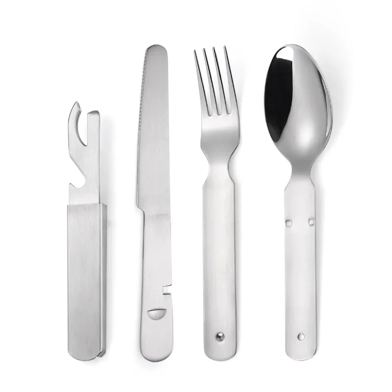 Steel Removable Knife Fork and Spoon Set Western Knife Bottle Opener Portable Outdoor Camping Storage Tableware Four-piece Set