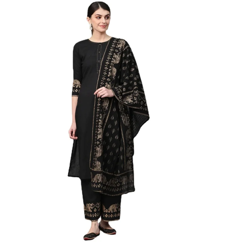 Punjabi Suit Indian Ladies Traditional Clothing 3-pcs Set Cotton Tops Pants  Shawl Black Pakistani Clothes for Women India Dress - AliExpress