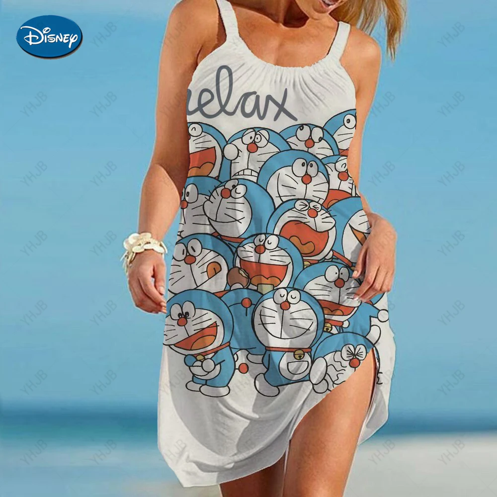 

Elegant Dresses for Women Sexy Doraemon Print Women's Dress Sling Summer Woman Beach Boho Loose Cartoon Print Fashion