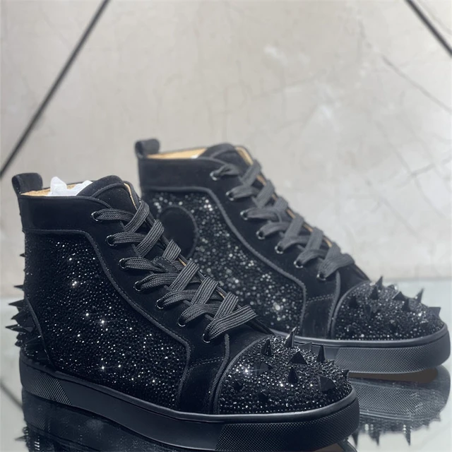 Luxury Brand Black Diamonds Leather Red Bottoms High Top All Rivets Shoes  For Men's Casual Flats Loafers Women's Spikes Sneakers