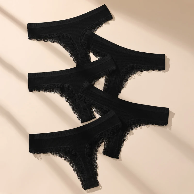 5Pcs Women Thongs Sexy Lace Panties Low Waist Underwear Girls Briefs G-String Breathable Ladies Panty Black Female Lingerie S-XL