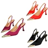 Women 7cm High Heels Basic Slingback Nightclub Dance Pumps Patchwork Stripper Low Heels Lady Metal Cap Toe Satin Wine Red Shoes 1