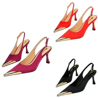 Women 7cm High Heels Basic Slingback Nightclub Dance Pumps Patchwork Stripper Low Heels Lady Metal Cap Toe Satin Wine Red Shoes 1