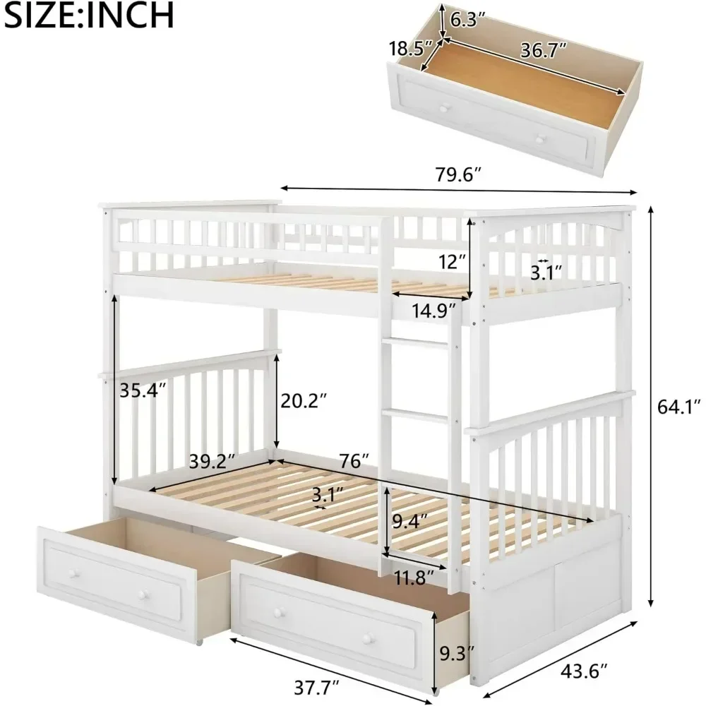Beds, Frames & Bases Convertible Wood Twin-Over-Twin Bunk Bed with Storage Drawers and Ladder - Can Be Divided Into Two Daybeds 4