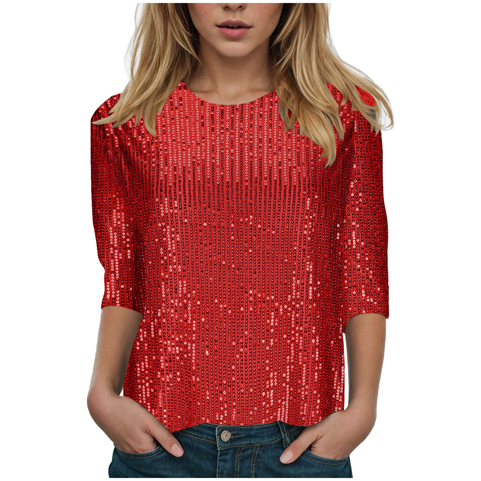Woman wearing glitter sequin quarter sleeve T-shirt with round neck in a festive clubwear setting 03