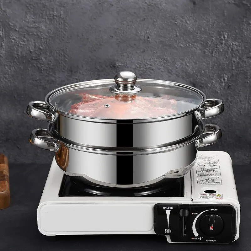2-Tier Stainless Steel Steamer Multilayer Pot Cookware Pot With Tempered Glass Lid Work with Gas Electric Grill Stove Top Safe
