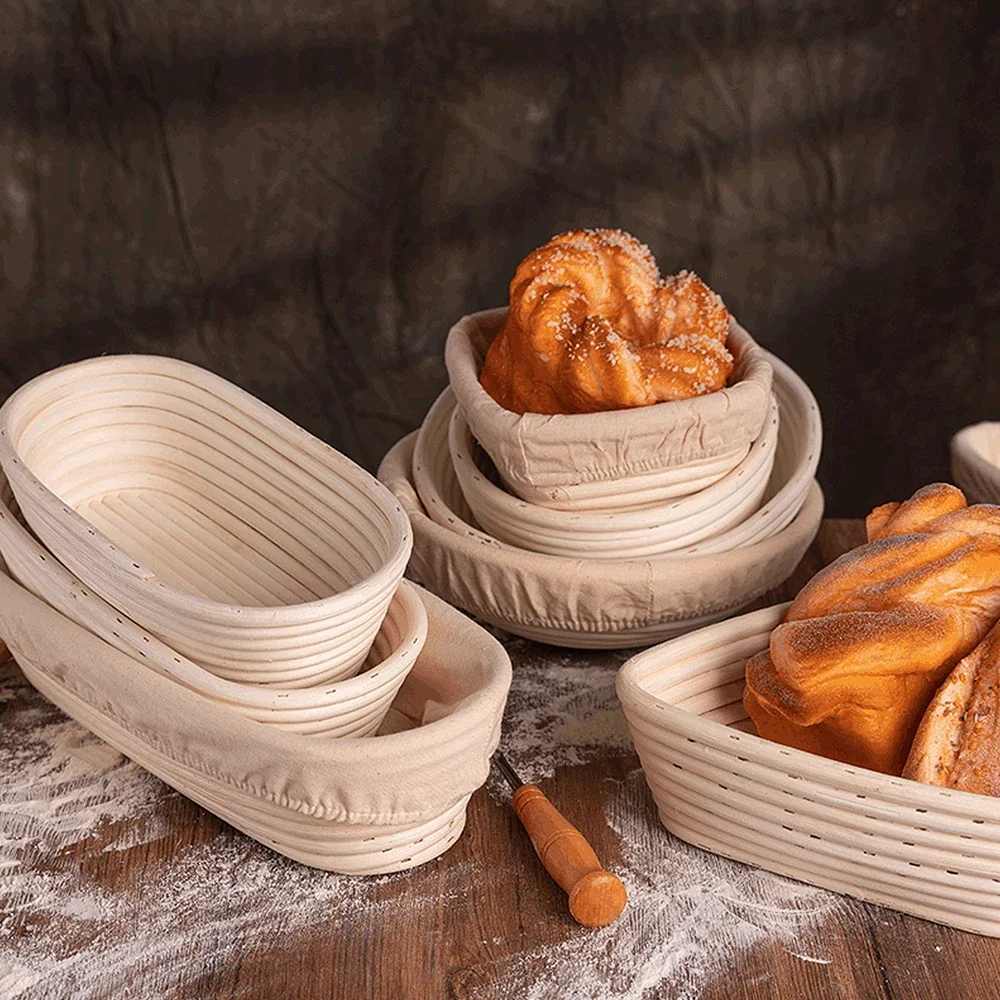 Natural Rattan Wicker Bread Basket Banneton Dough Proofing Sourdough Basket Linen Liner Home Kitchen Bread Bakery Tools