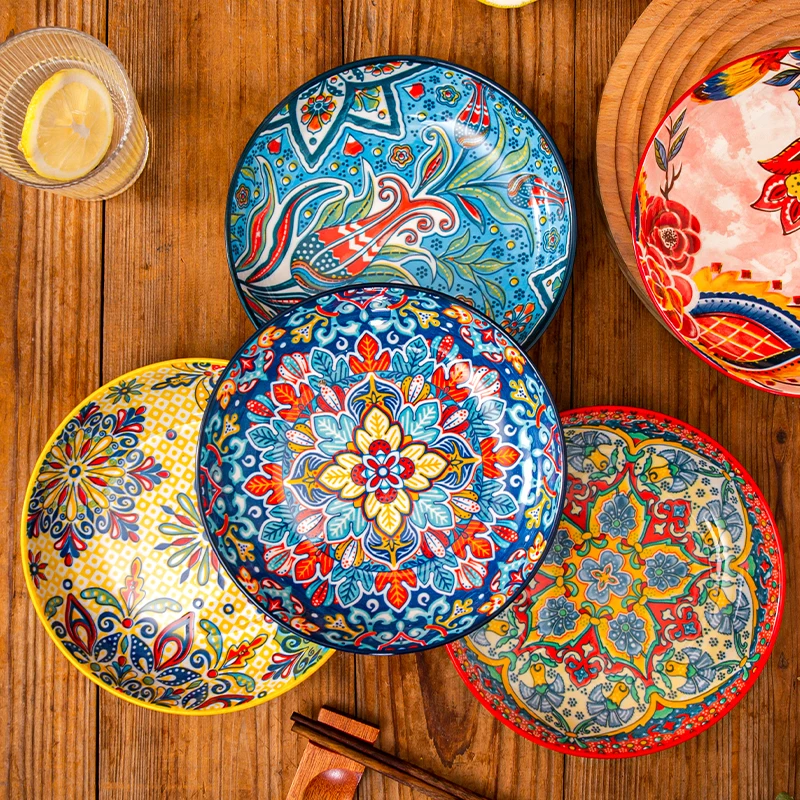 7/8inch Bohemian Ceramic Underglaze Colour Plate High Appearance Level Home Creative Dish Plate Fruit Steak Round