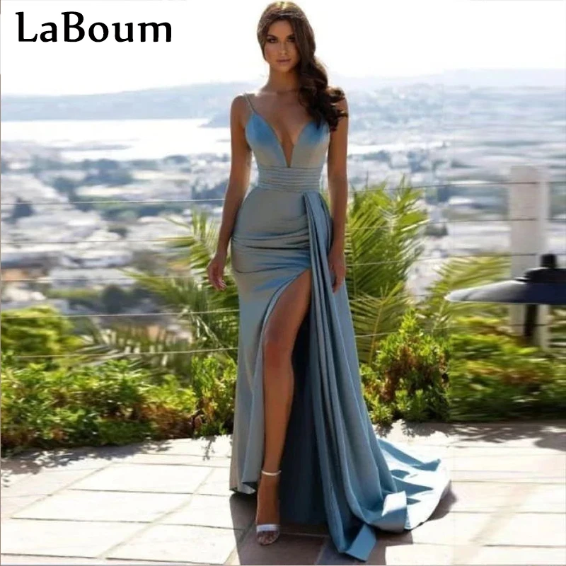

LaBoum Women Elegant Prom Dresses 2023 Sexy V Neck Pleated Mermaid High Split Formal Cocktail Evening Party Gown vestido de gala