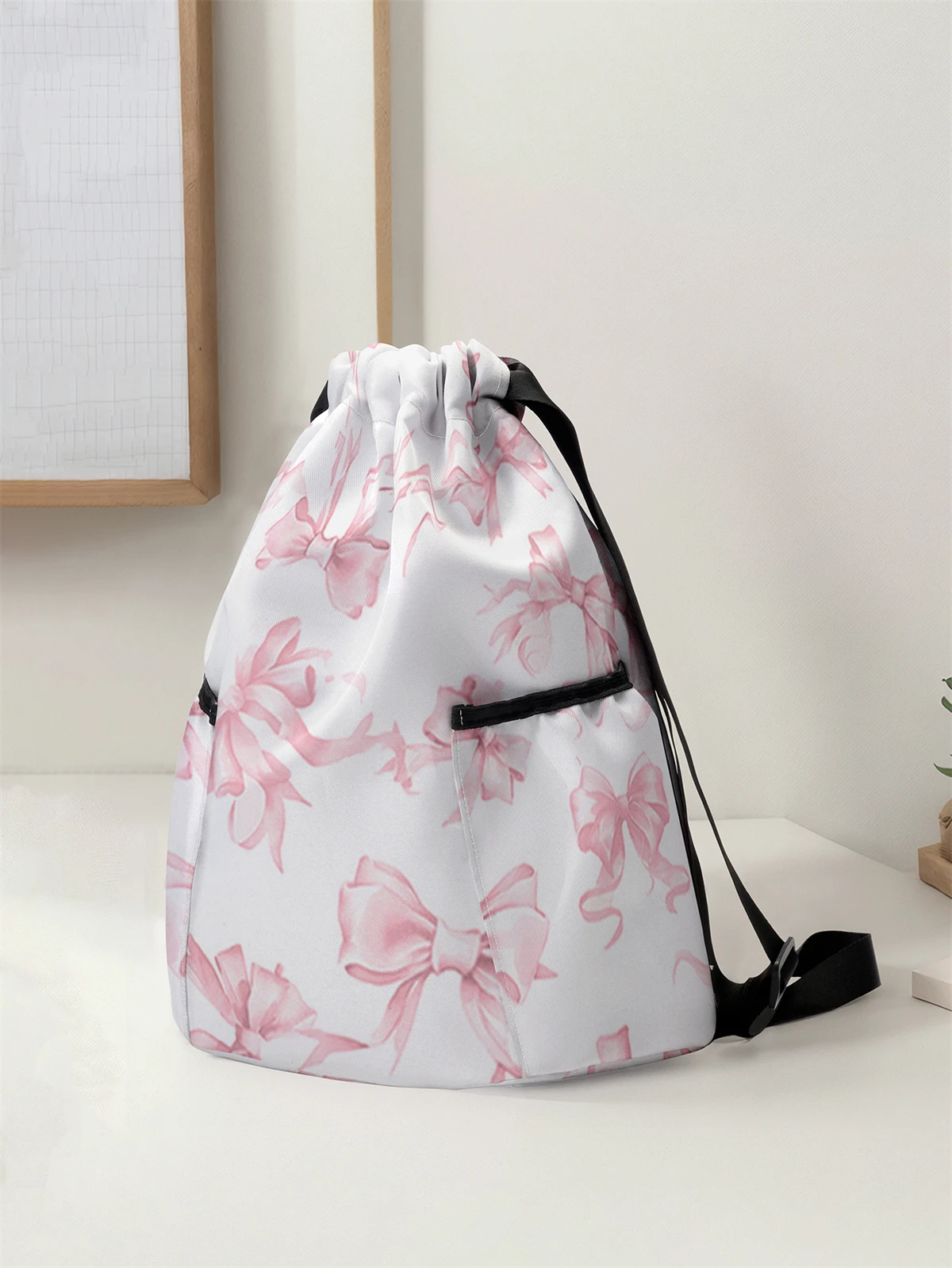 Bow Pattern Drawstring Backpack - Large Capacity Durable Fitness Bag, Adjustable Shoulder Straps, Sports Beach Backpack