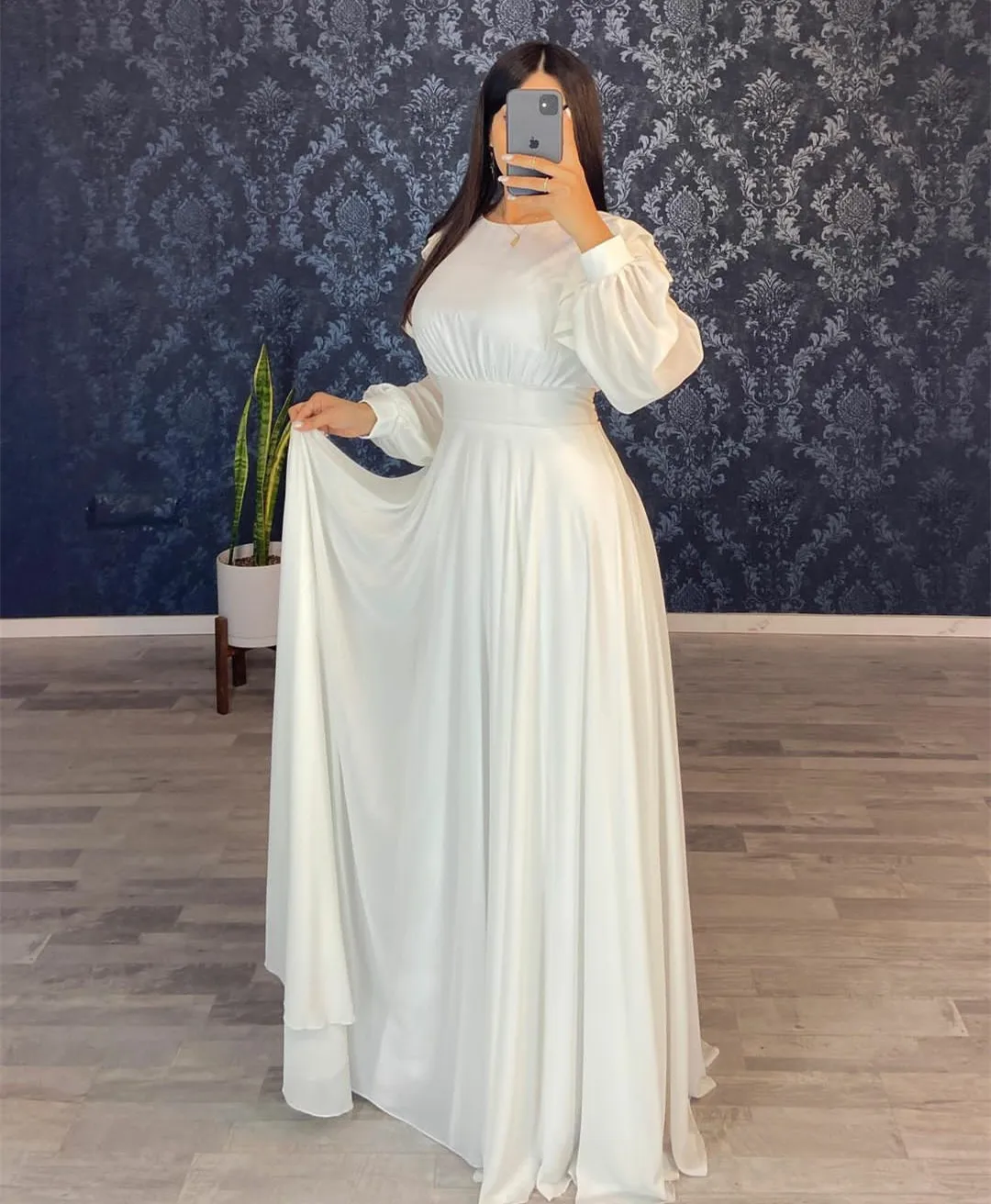 

Vintage Long Chiffon Arabic Evening Dresses With Pockets A-Line White Robes de soirée Zipper Back Formal Party Dress for Women