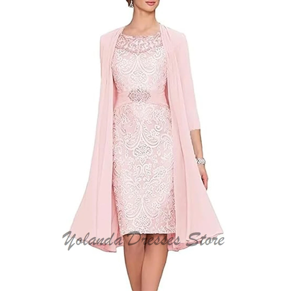 Fashion Knee Length Mother of The Bride Dresses Chiffon A Line Prom Formal Gown Appliques Lace Wedding Party Lace Up Back
