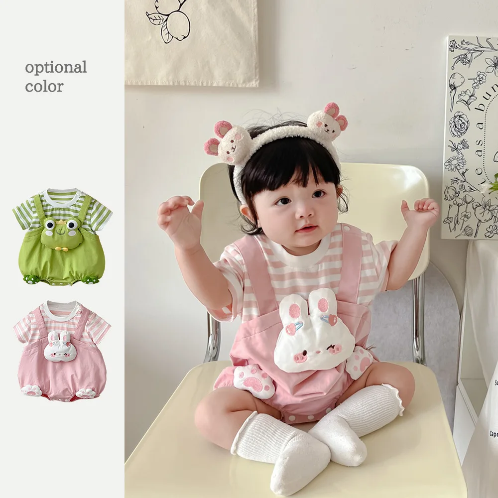 

2024 Summer Baby Girls Rompers Cotton Thin Cartoon Rabbit Striped Spliced Newborn Girls Bodysuit Fake 2PCS Infant Girls Outfits