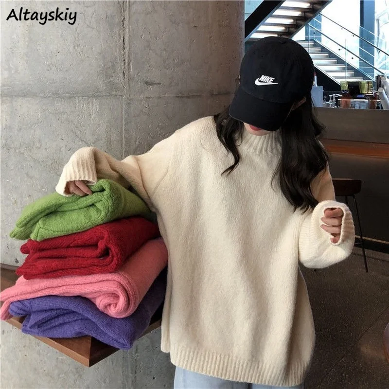 

Pullovers Women Winter Mock-neck Knitted Sweater Student Ulzzang Street All-match Thicker Casual Basic Tops Chic Harajuku Warm