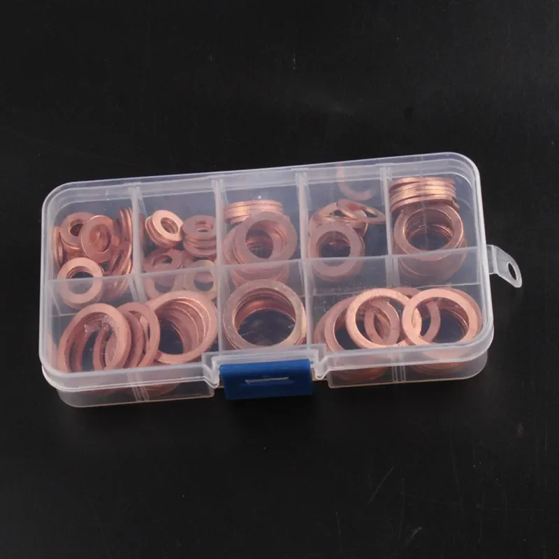 120pcs 8 Sizes Solid Copper Washers Sump Plug Assortment Washer Set Plastic Box Professional Hardware Accessories