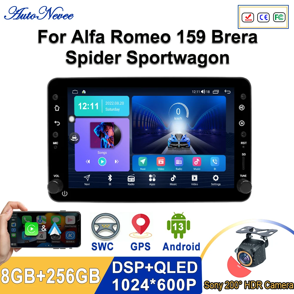 

Car Radio Stereo For Alfa Romeo Spider/159/Brera 159 Sportwagon Multimedia Player GPS 1DIN Android 11 Headunit Carplay+Auto RDS
