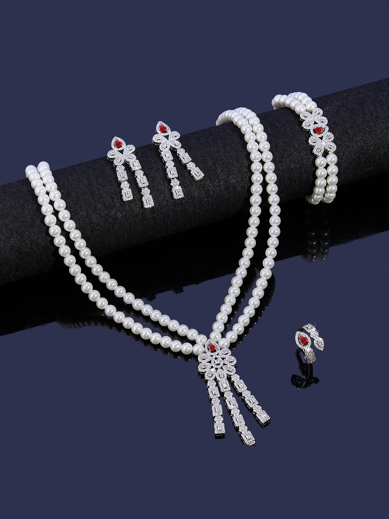 

Gorgeous Double Layered Pearl Necklace Cubic Zirconia Jewelry Sets For Women Crystal Set Wedding Engagement Party Dudai Saudi