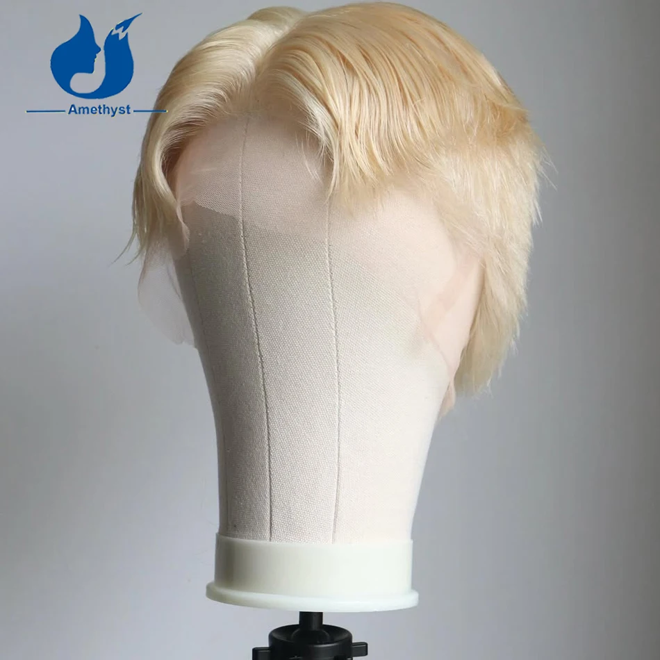 Amethyst Men's 613 Blonde Short Pixie Cut Bob Wig Pre-Plucked Full Lace Wig Brazilian Remy Human Hair Straight 150% Density