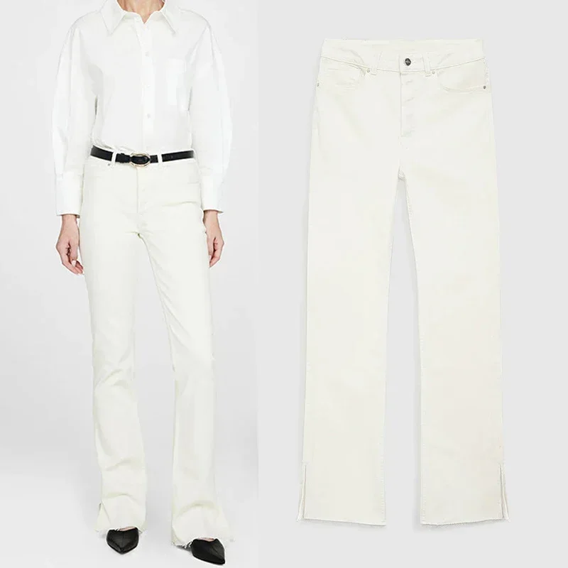 

Women's white straight Elastic jeans fashion leg split denim pants
