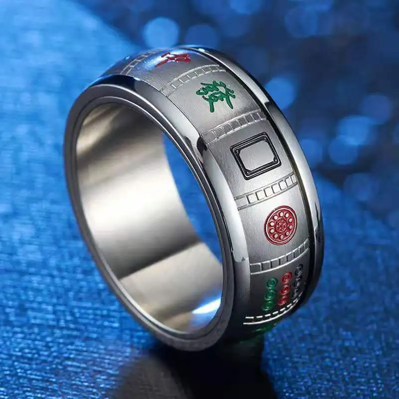 Rings Anxiety Fidget Stainless Steel Spinning Spinner Chinese Character Mahjong Rotatable for Men Women