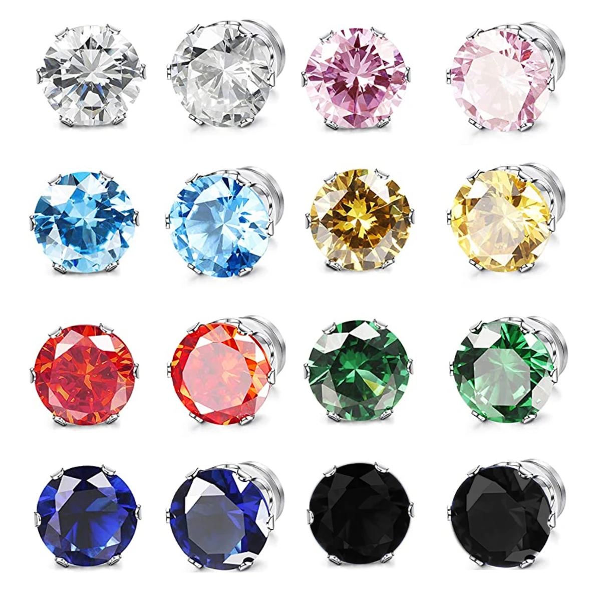 1 Pair Mens Womens Magnetic 8mm Color Cubic Zirconia Stud Earrings Steel Non-Piercing Clip On Fake Ear Piercing Jewelry