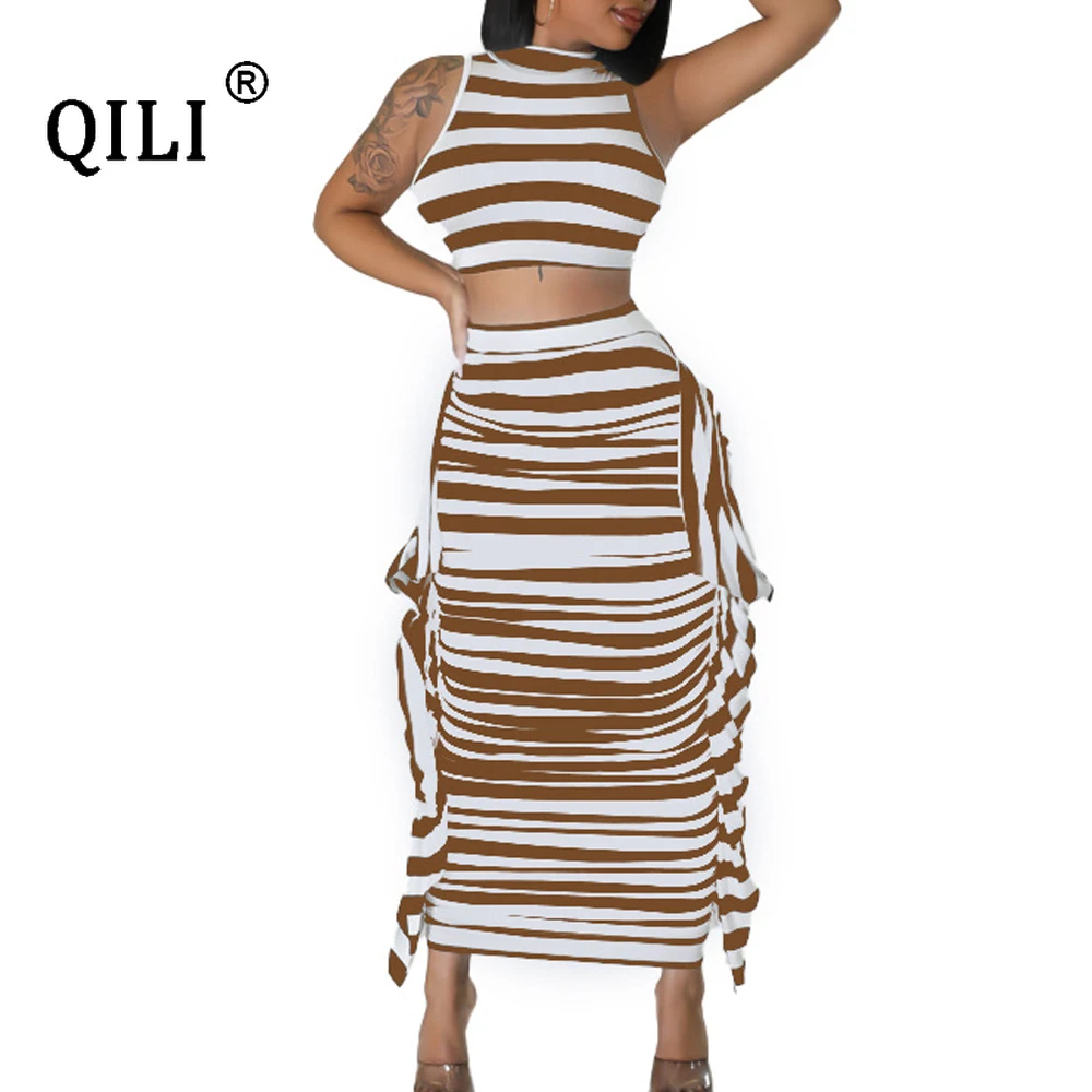 

QILI Striped Print 2 Piece Matching Sets Womens Dress Sets Top and Skiry Slim Pencil Dress Sets Two Piece