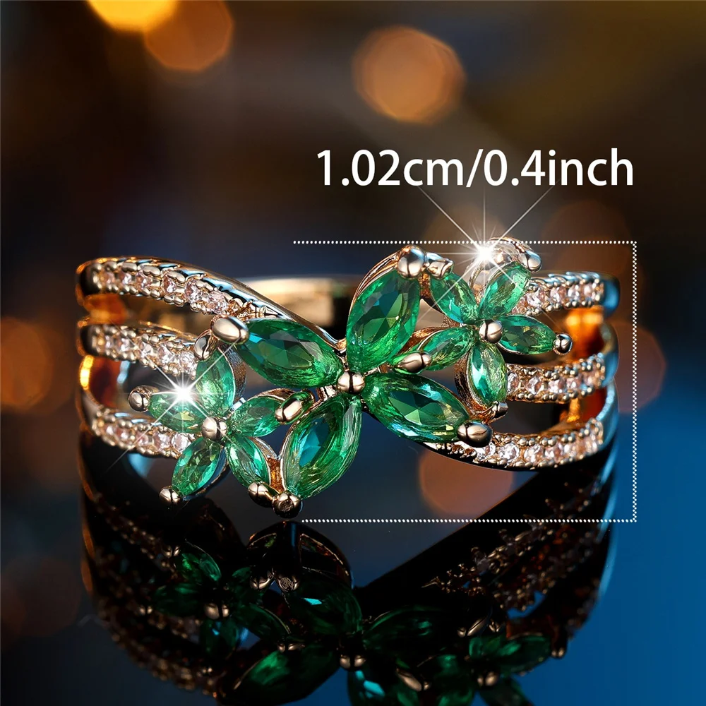 Female Cute Stars Green Zircon Stone Gold Color Wedding Jewelry Promise Engagement Flower Rings For Women