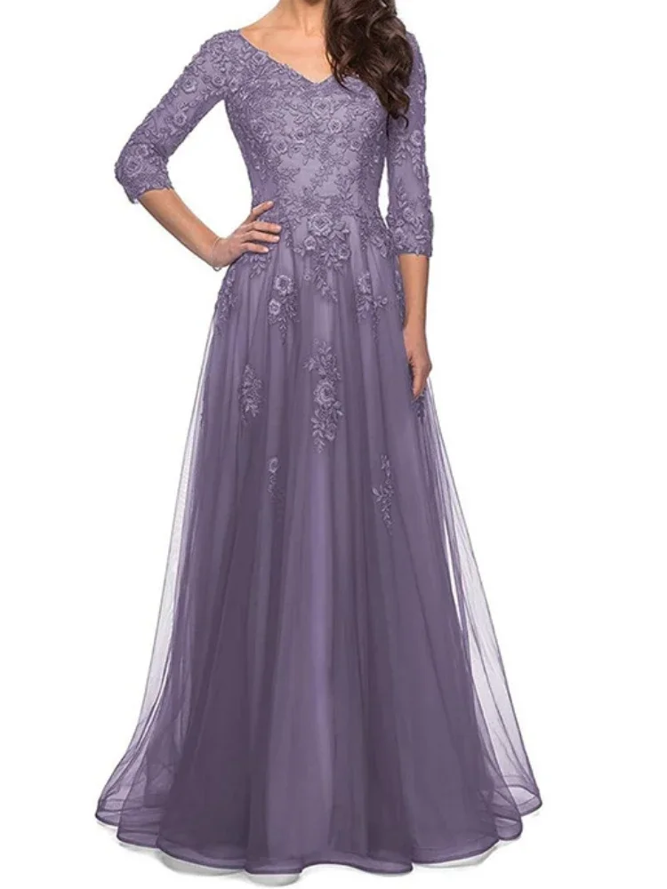 

Classic Temperament Cascading Mesh Floor Length Enening Dress Exquisite Floral Embroidery Appliques Gown Simple V Neck Vestido