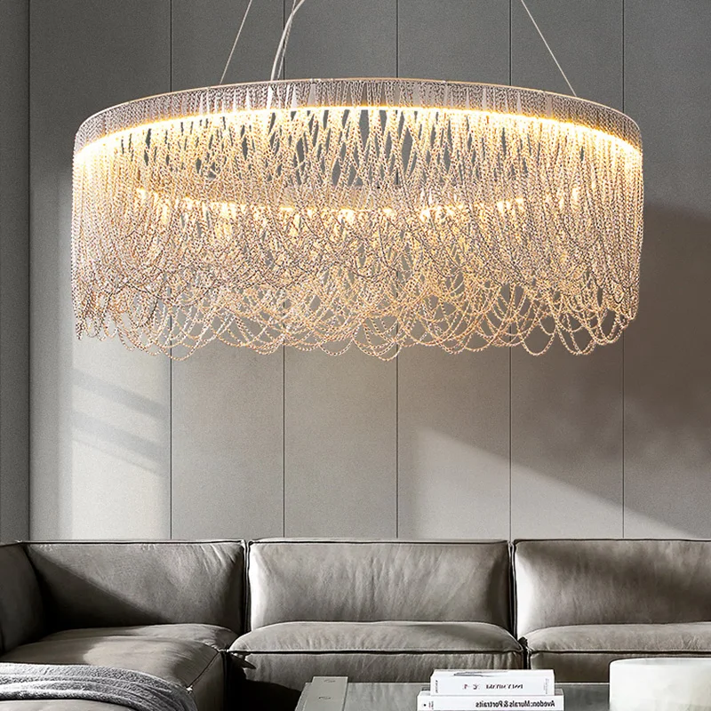 

New Modern LED Chrome Fringe Chandelier Lighting Living Room Round Bedroom Lustre Tassel Aluminum Chain Lamp Oval Kitchen Light