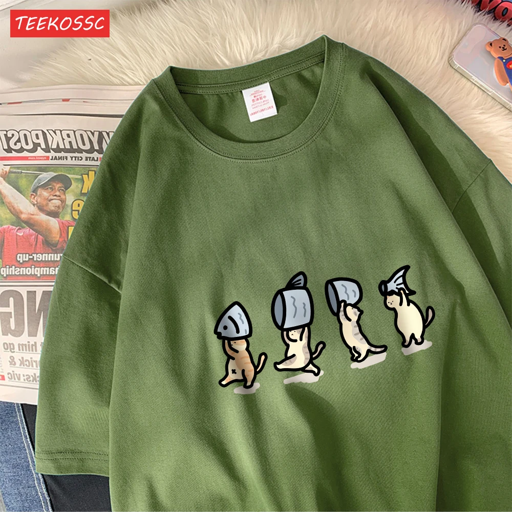 Vier Kleine Katzen Halten Fishcotton Frauen T-Shirts Cartoons Drucke T Shirts Weiche Oansatz Lose Kurzarm Tops Sommer Kleidung