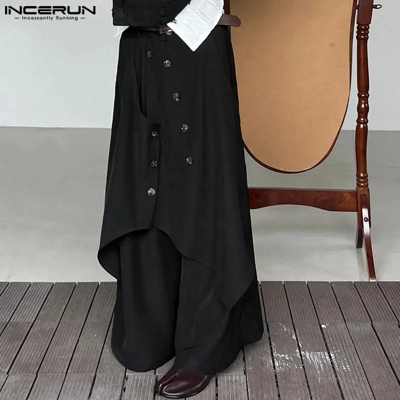 Men Wide Leg Pants Irregular Button Joggers Streetwear Solid Color Vintage Loose Casual S-5XL