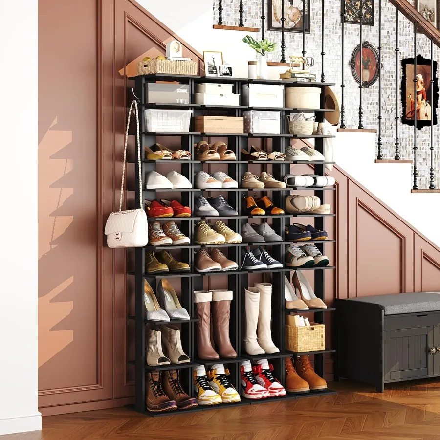 10Tier Vertical Shoe Rack Corner Shoe Tower Slim Shoe Organizer with Two Hanging Hooks Wooden Shoe Storage Stand for Entryway H