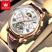 OLEVS Men's Watches Fashion Leather Strap Moon Phase Hollow Flywheel Automatic Mechanical Wristwatch Roman Scale Man Watch 9912