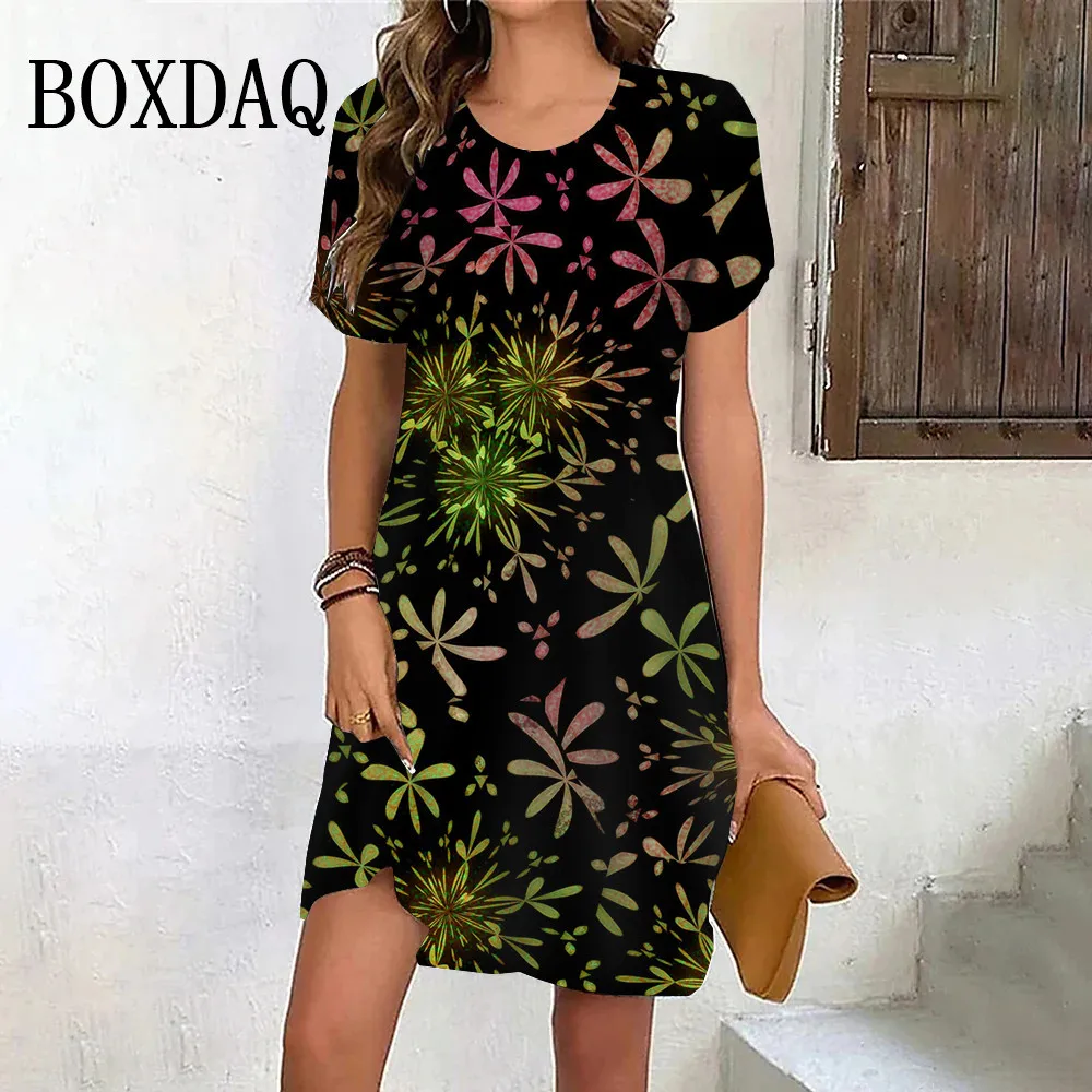 

Gradient Elegant Ladies Print Mini Dress Summer Beach Loose Plus Size Dress Women Casual Street Fashion Short Sleeve New Clothes
