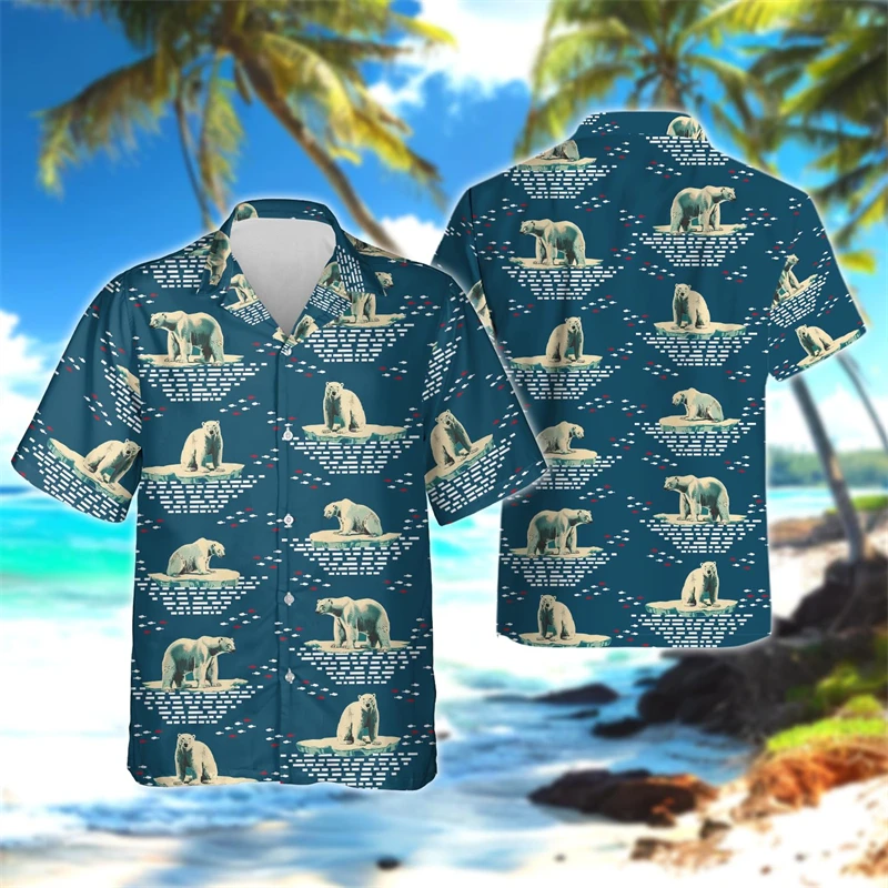 

Cartoon Polar Bear Graphic Shirts For Men Clothes Harajuku Fashion Animal Beach Shirt Casual Hawaiian Women Button Short Sleeve