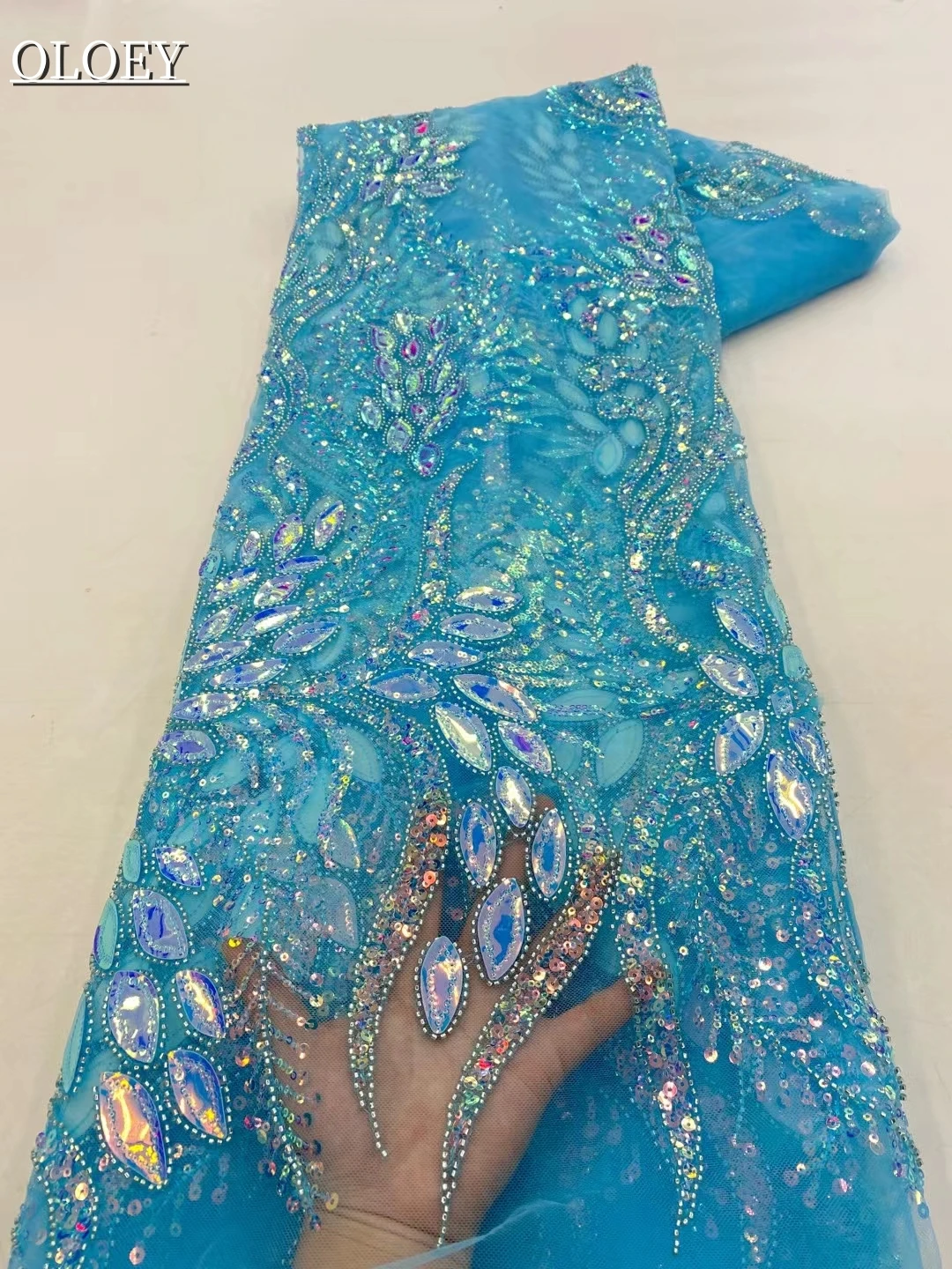 

Hing-End Luxury French Large Beaded Embroidery Lace Fabric African Nigerian With Sequins Fabric For Wedding Dress XZX8787
